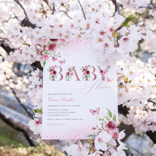 Bohoピンクモダンフローラバタフライガールベビーシャワー 招待状