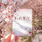 Bohoピンクモダンフローラバタフライガールベビーシャワー 招待状