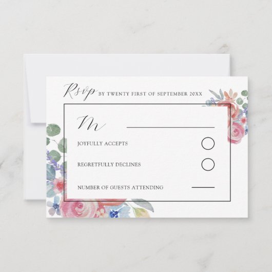 Bohoピンクローズフローラ水彩結婚式RSVPカード 出欠カード (裏面)