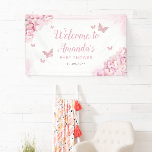 Bohoピンク水色フローラ蝶ベビーシャワー 横断幕 (インサイチュ)