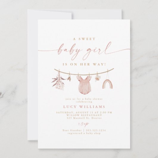 Bohoピンク甘いベビーガールクロセスラインベビーシャワー 招待状 (正面)