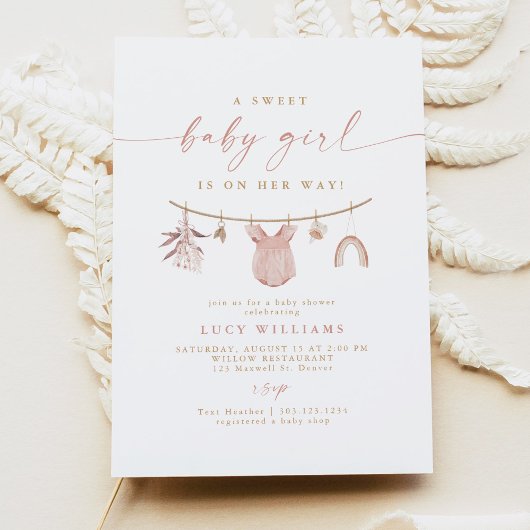 Bohoピンク甘いベビーガールクロセスラインベビーシャワー 招待状