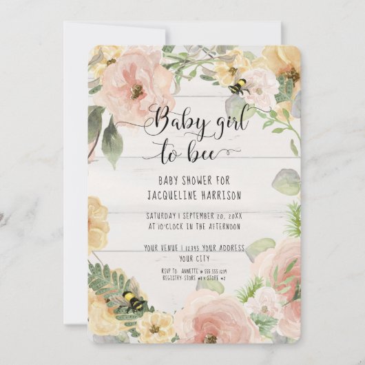 BOHOピンク素朴の花ママと蜂シャワー 招待状 (正面)
