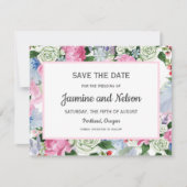 Bohoピンク薄紫ブルーフラワーウェディングデートを保存 出欠カード (正面)