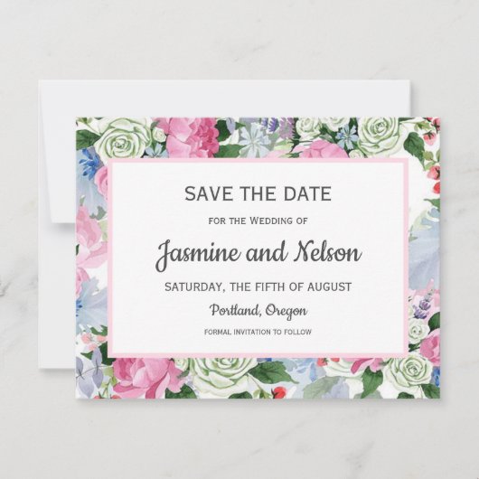 Bohoピンク薄紫ブルーフラワーウェディングデートを保存 出欠カード (正面)