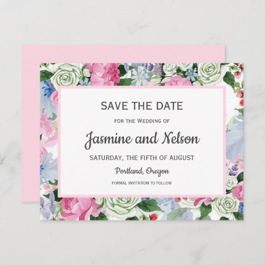 Bohoピンク薄紫ブルーフラワーウェディングデートを保存 出欠カード (正面/裏面)