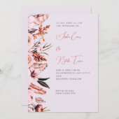 Bohoピンク&ブラウン花/フェザーパープル結婚ズ 招待状 (正面/裏面)