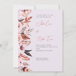 Bohoピンク&ブラウン花/フェザーパープル結婚ズ 招待状