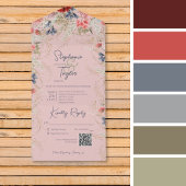 Bohoピンク&ブルーフローラピンクQRコード オールインワン招待状