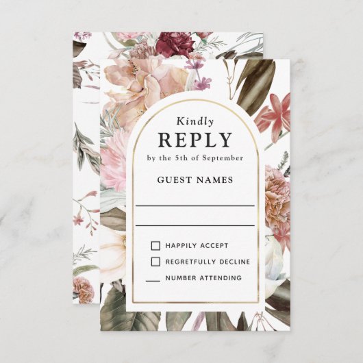 Bohoファンタジー水彩フローラ結婚式RSVP 出欠カード (正面/裏面)
