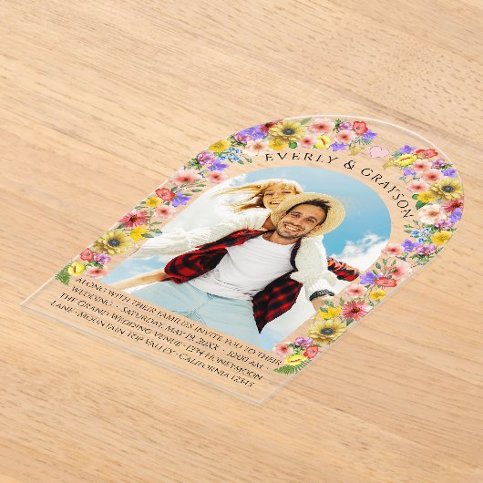 Bohoフォトアルチワイルドフラワー開花結婚ズ アクリル招待状 (レイダウン)