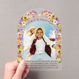 Bohoフォトアルチワイルドフラワー開花結婚ズ アクリル招待状