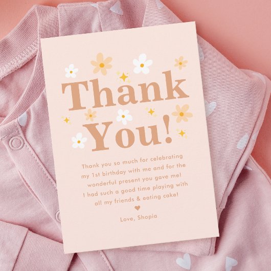 Bohoフォトピンクデイジー誕生会 サンキューカード