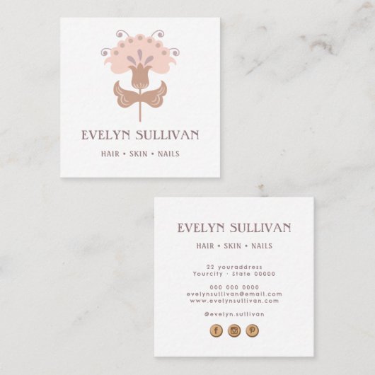 bohoフォークアートフラワーロゴスクエアビジネスカード スクエア名刺 (正面/裏面)