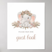 Bohoフラワーズエレファントベビーシャワーゲストブックサイン ポスター (正面)