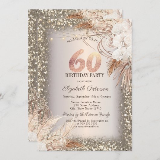 Bohoフラワーズライトグリッターフレーム60誕生日 招待状 (正面/裏面)