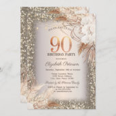 Bohoフラワーズライトグリッターフレーム90誕生日 招待状 (正面/裏面)