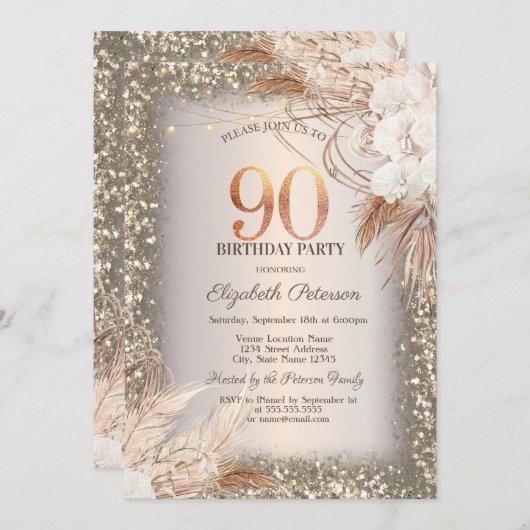 Bohoフラワーズライトグリッターフレーム90誕生日 招待状 (正面/裏面)