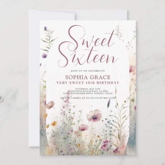 Bohoフラワーズ&アーチフォトスイート16誕生日 招待状 (正面)