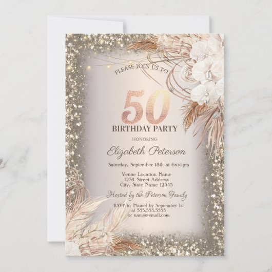 Bohoフラワーズ,ライトグリッターフレーム50誕生日 招待状 (正面)