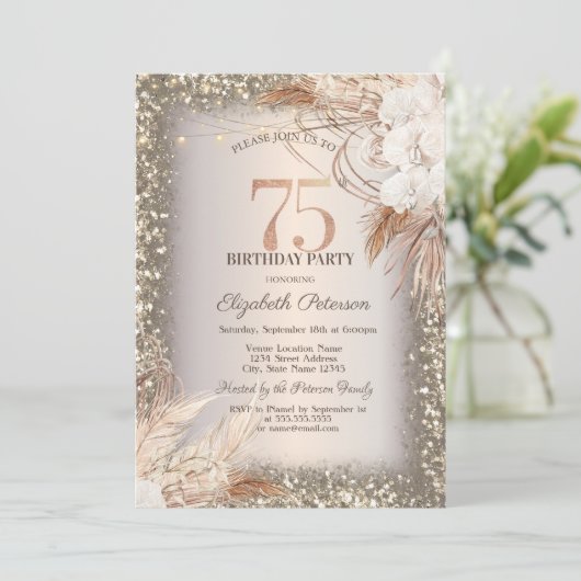 Bohoフラワーズ，ライトグリッターフレーム75誕生日 招待状 (スタンド正面)