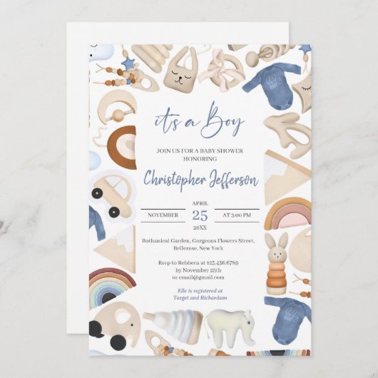 Bohoフレーム男の赤ちゃんの服やおもちゃのニュートラル 招待状 (正面/裏面)