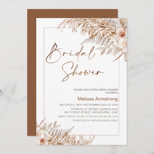 Bohoフローラとパンパスフレームブライダルシャワー 招待状 (正面/裏面)