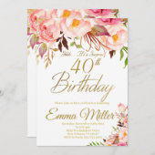 Bohoフローラと金ゴールドサプライズ40歳の誕生日 招待状 (正面/裏面)