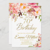 Bohoフローラと金ゴールドサプライズ70誕生日 招待状 (正面/裏面)