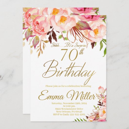 Bohoフローラと金ゴールドサプライズ70誕生日 招待状 (正面/裏面)