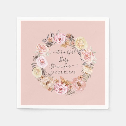 Bohoフローラほこりっぽいピンクモダンの赤ちゃん女の子シャワー スタンダードカクテルナプキン (正面)