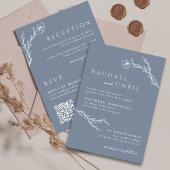 Bohoフローラアウトラインほこりっぽい青すべて1つのQRコード 招待状