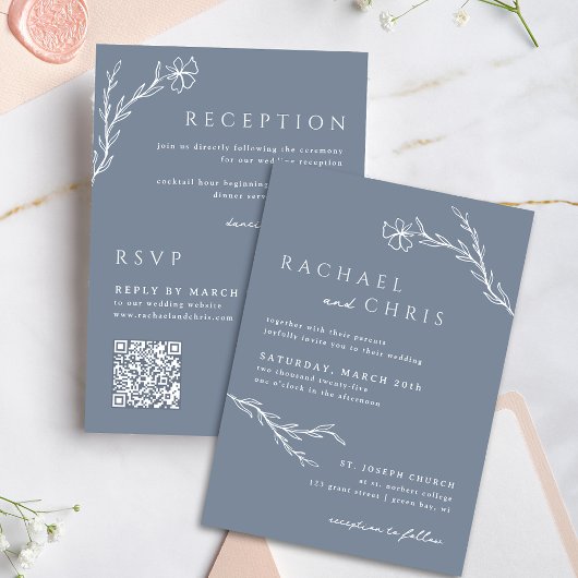 Bohoフローラアウトラインほこりっぽい青すべて1つのQRコード 招待状