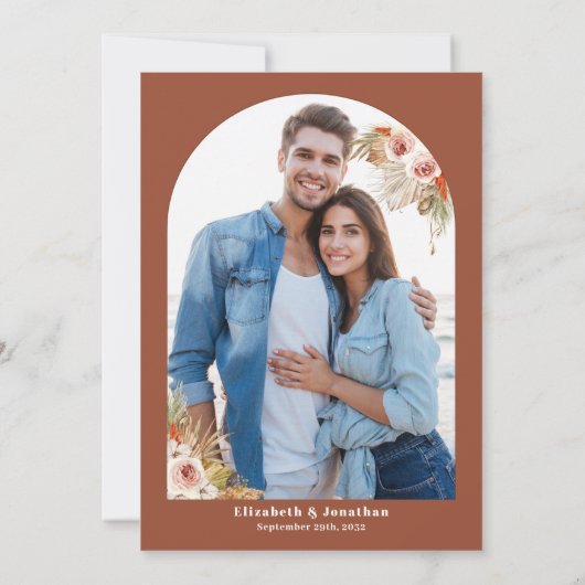 Bohoフローラアーストーンテラコッタ結婚の写真 セーブザデート (裏面)