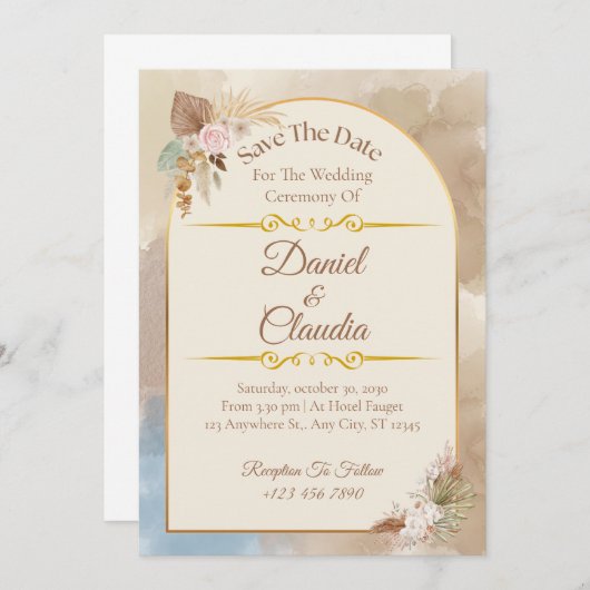 Bohoフローラアーチ日付を保存 – エレガントな結婚式 招待状 (正面/裏面)