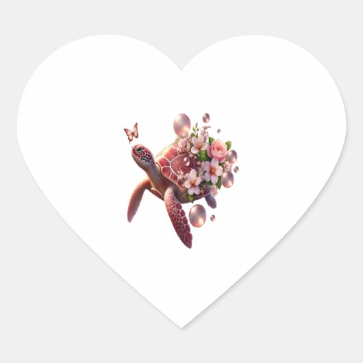 Bohoフローラウミガメ、ピンクの花 ハートシール (正面)