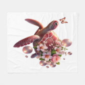 Bohoフローラウミガメ、ピンクの花 フリースブランケット (正面(横))