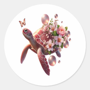 Bohoフローラウミガメ、ピンクの花 ラウンドシール