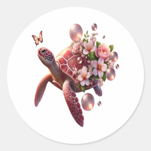 Bohoフローラウミガメ、ピンクの花 ラウンドシール (正面)