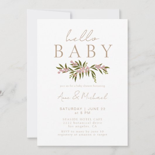 Bohoフローラエレガント男女兼用ベビーシャワー 招待状 (正面)