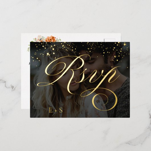 Bohoフローラオレンジと赤面ピンクフォト結婚ズ 箔招待状ポストカード (正面/裏面)