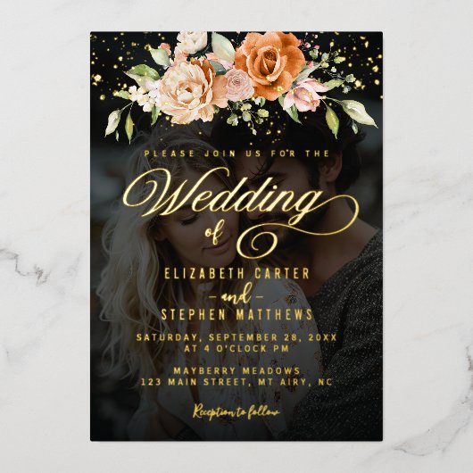 Bohoフローラオレンジと赤面ピンクフォト結婚ズ 箔招待状 (正面)