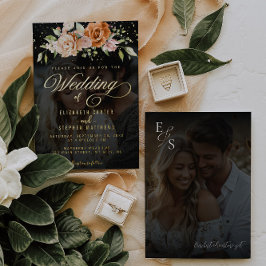 Bohoフローラオレンジと赤面ピンクフォト結婚ズ 箔招待状