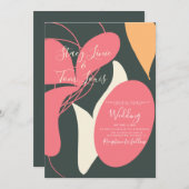 BohoフローラオーガニックシェイプPink Orange結婚's 招待状 (正面/裏面)