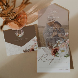 BohoフローラカントリーWestern Monogram Photo 結婚's オールインワン招待状