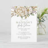 Bohoフローラクリームホワイトベビーシャワー 招待状 (スタンド正面)