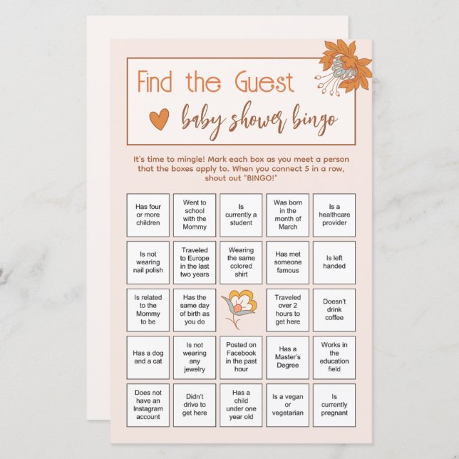 Bohoフローラゲストベビーシャワーアイスブレーカーを見つける (正面/裏面)