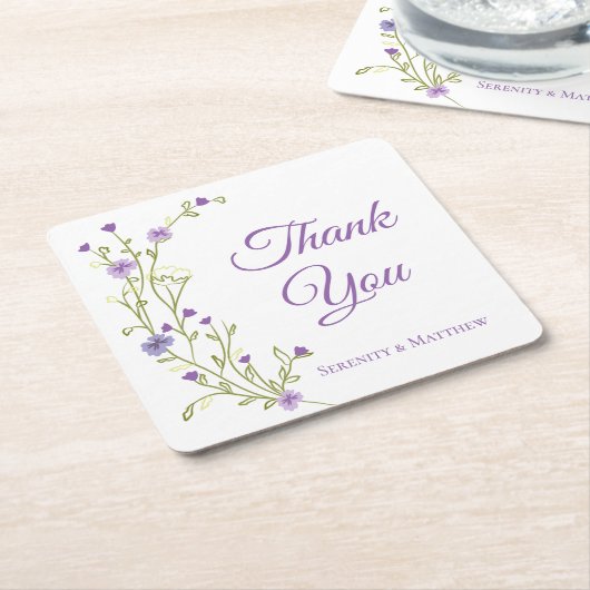 Bohoフローラサンキューパープルワイルドフラワー結婚ズ スクエアペーパーコースター (アングル)