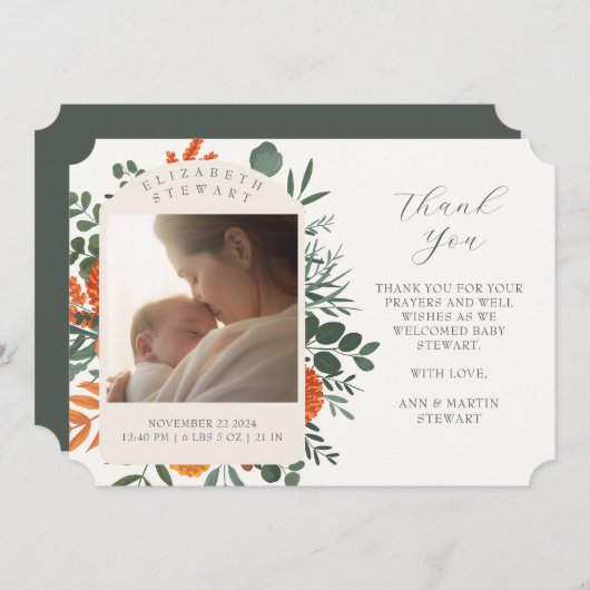 Bohoフローラサンキューベビー誕生発表 招待状 (正面/裏面)