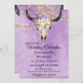 Bohoフローラスカルとストリングライツパープル結婚ズ 招待状 (正面/裏面)